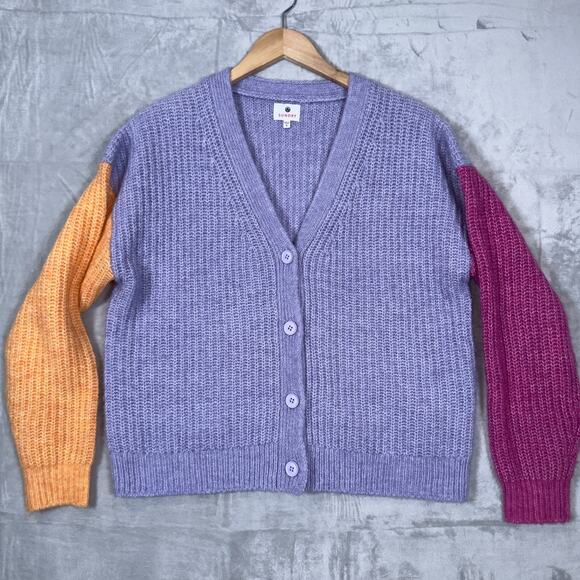 Sundry 'Colorblock' Purple Pink and Orange Cardigan Sweater Size Small Oversized - Picture 2 of 9